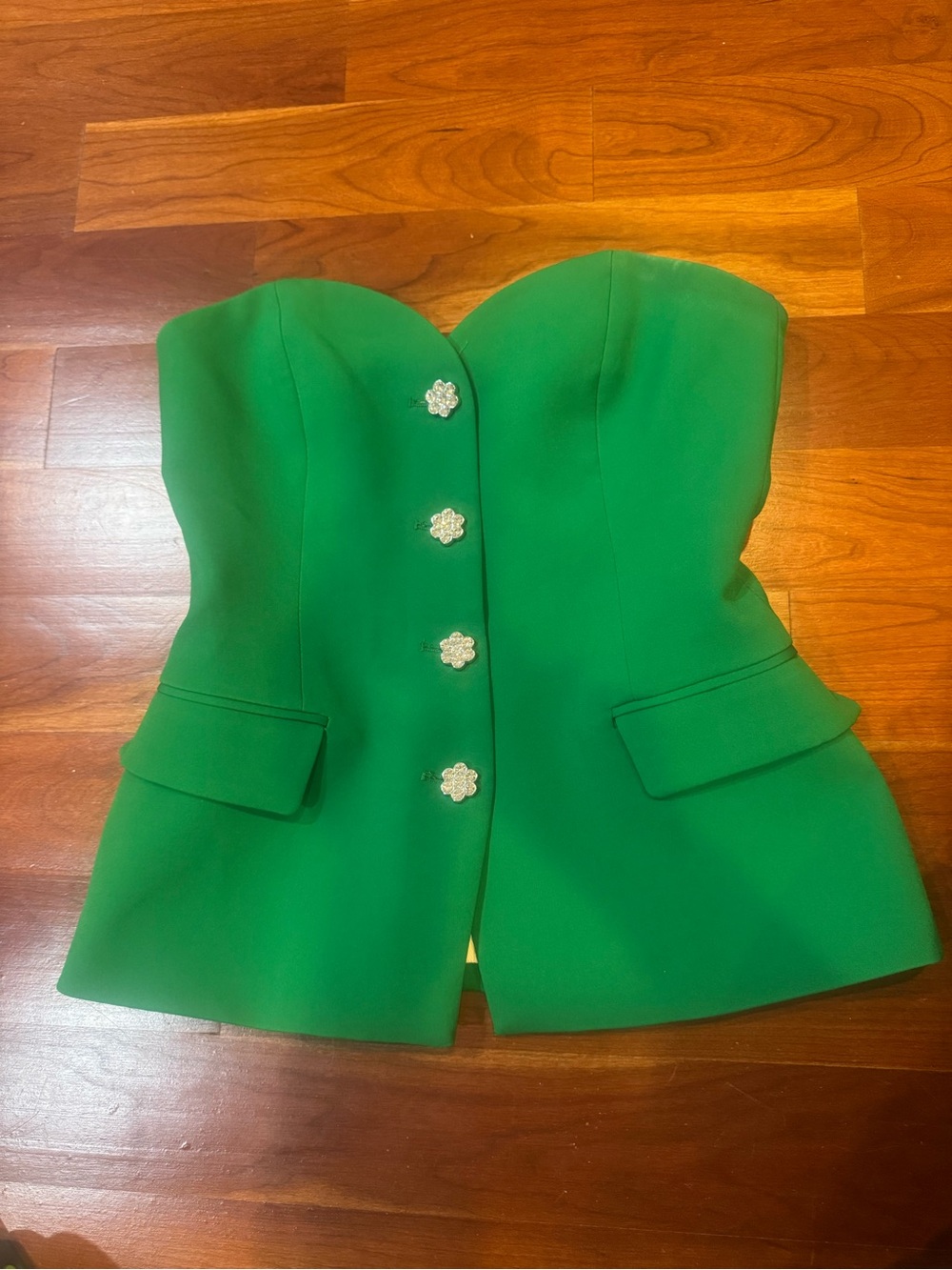 Zara Strapless Emerald Green Tailored Bustier Top with Floral Buttons